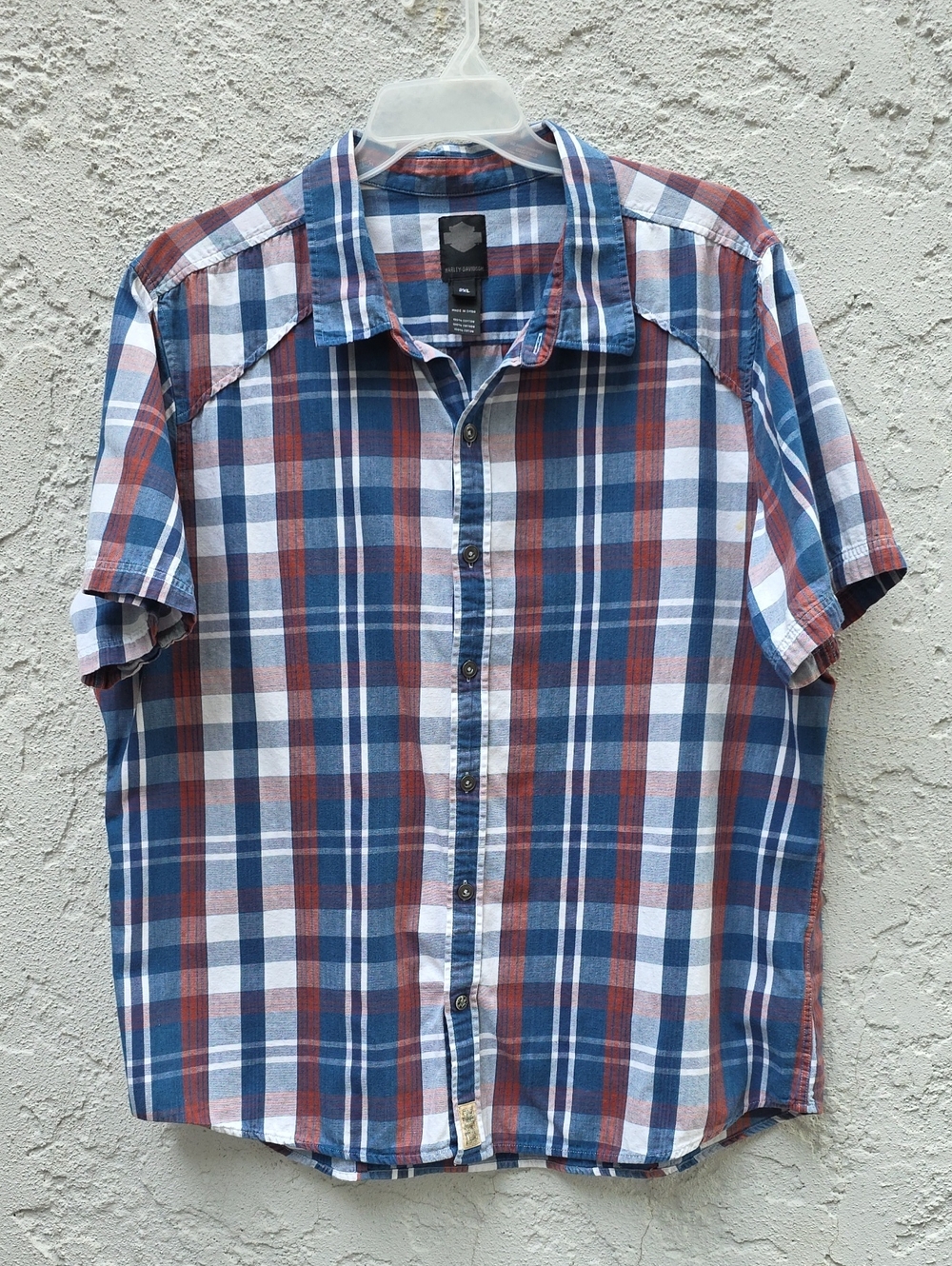 Harley Davidson Navy Blue White Plaid Button Down Shirt Size 2XL